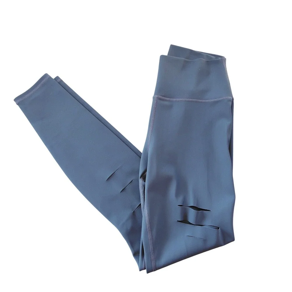 Alo Yoga‎ Womens Ripped Warrior Leggings M Gray High Rise Laser Cut Athleisure
